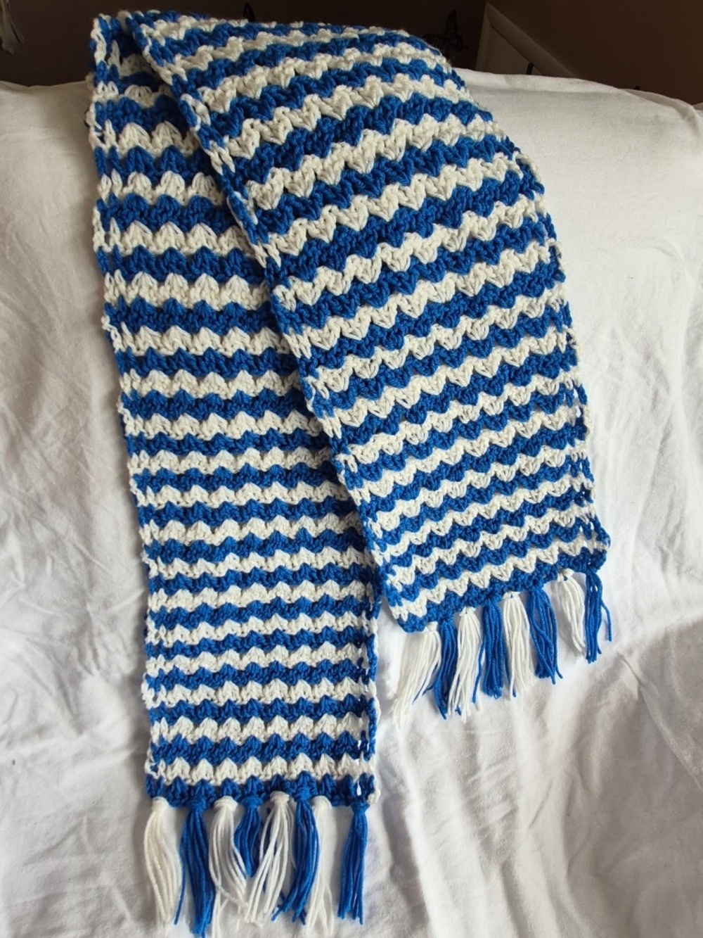 Handmade Crochet Blue and White Stripe Scarf with Fringe